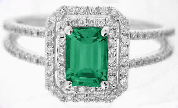 Round Emerald Side Stone Engagement Ring In White Gold