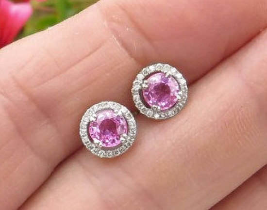 1.65 ctw Round Pink Sapphire and Diamond Earrings in 14k white gold