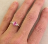 Natural Oval Pink Sapphire and Trillion Diamond Three Stone Engagement Ring in Platinum