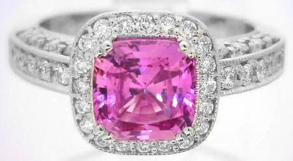 Cushion Cut Pink Sapphire and Diamond Halo Ring in 14k white gold (SSR ...