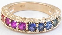 Round Natural Rainbow Sapphire Band Ring in 14k yellow gold