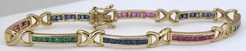 3.0 ctw Sapphire, Ruby Emerald Bracelet with X Links in 14k yellow gold - 7 inches Pink Sapphire Bracelets, Princess Cut Pink Sapphire Bracelet, Pink Sapphire Bracelet, Pink Sapphire Tennis Bracelets