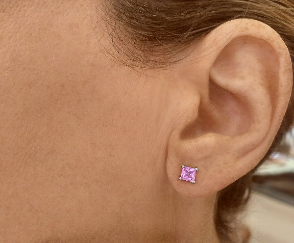 0.69 ctw Princess Cut Pink Sapphire Earrings in 14k white gold