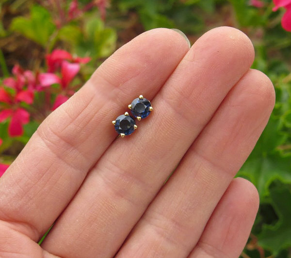 Blue Sapphire Stud Earrings with Round-Cut Diamonds in 14k Solid Gold