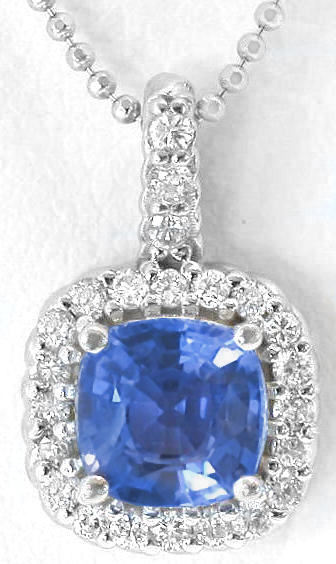 1.82 ctw Cushion Ceylon Sapphire and Diamond Pendant in 14K White Gold with 16 inch 14K White Gold Chain
